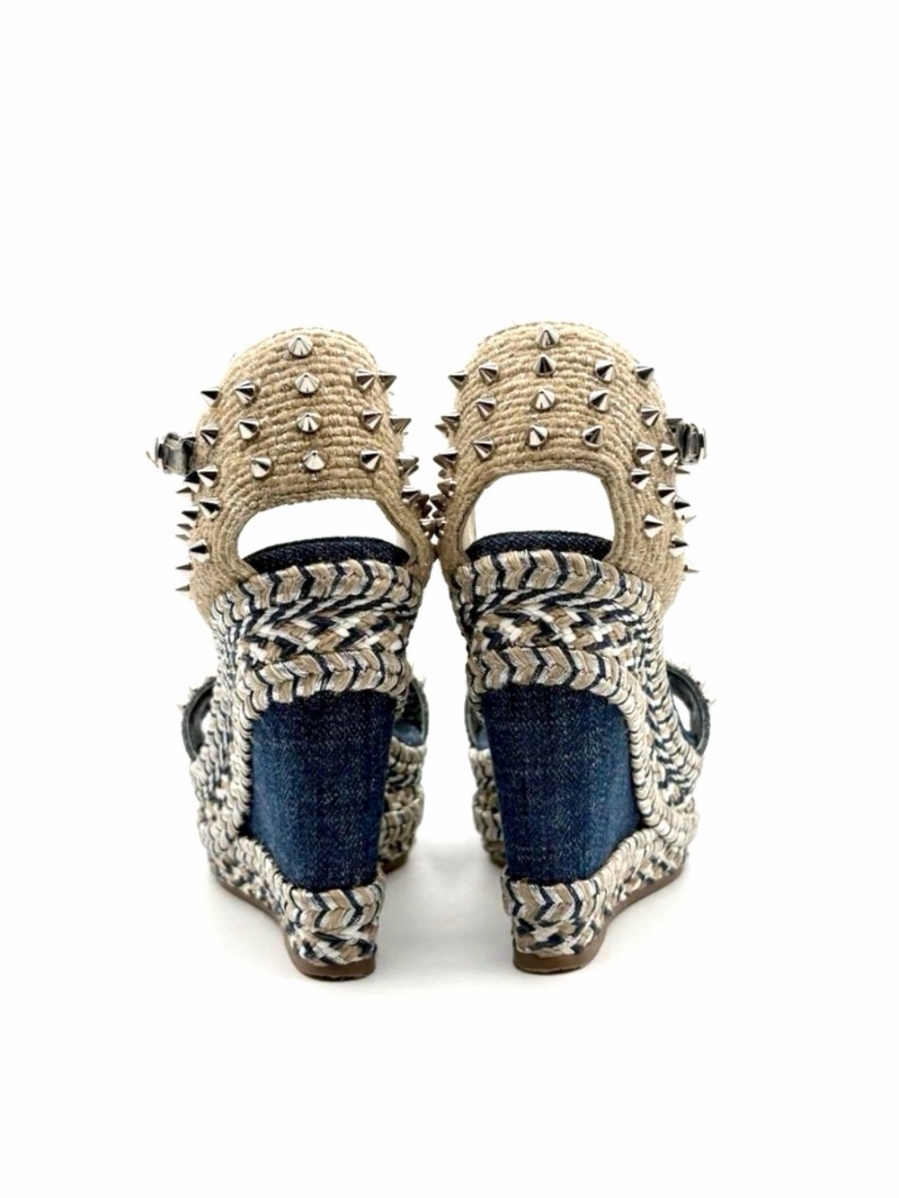 Christian Louboutin Denim & Natural Espadrille Wedge Sandals with Studs - Picture 5 of 9